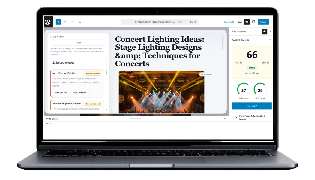 AiVI inside WordPress showing review rail and editor sidebar
